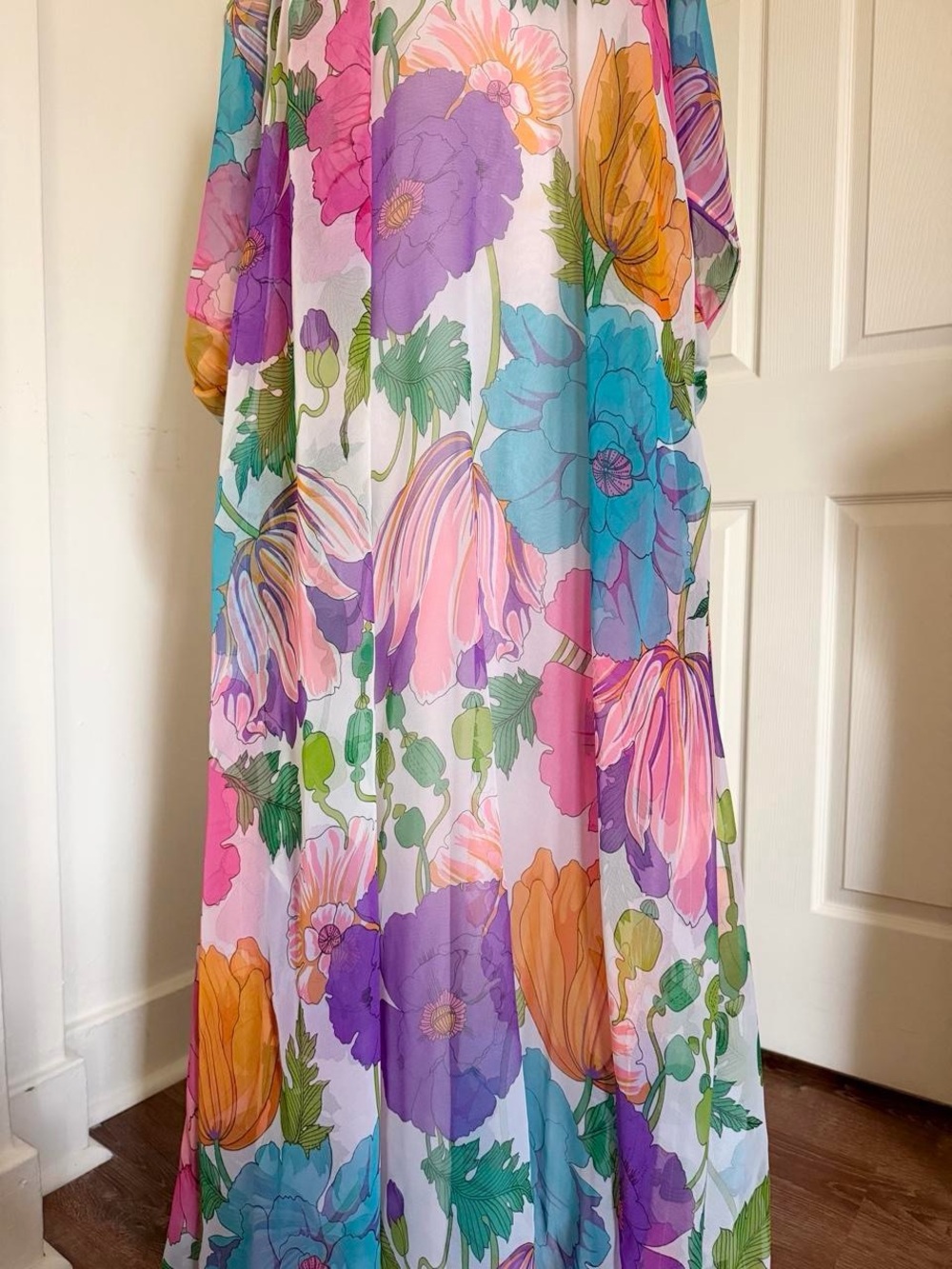 Dreamy Vintage 1970s Colorful Rainbow Floral Maxi Dress and Cape Set - Picture 6 of 7